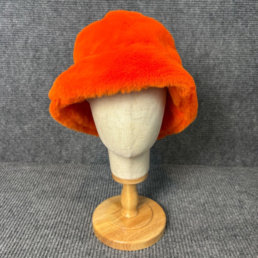 Orange Faux Fur Bucket Hat Plush Fuzzy Soft Winter Festival Statement One Size - Picture 2 of 3